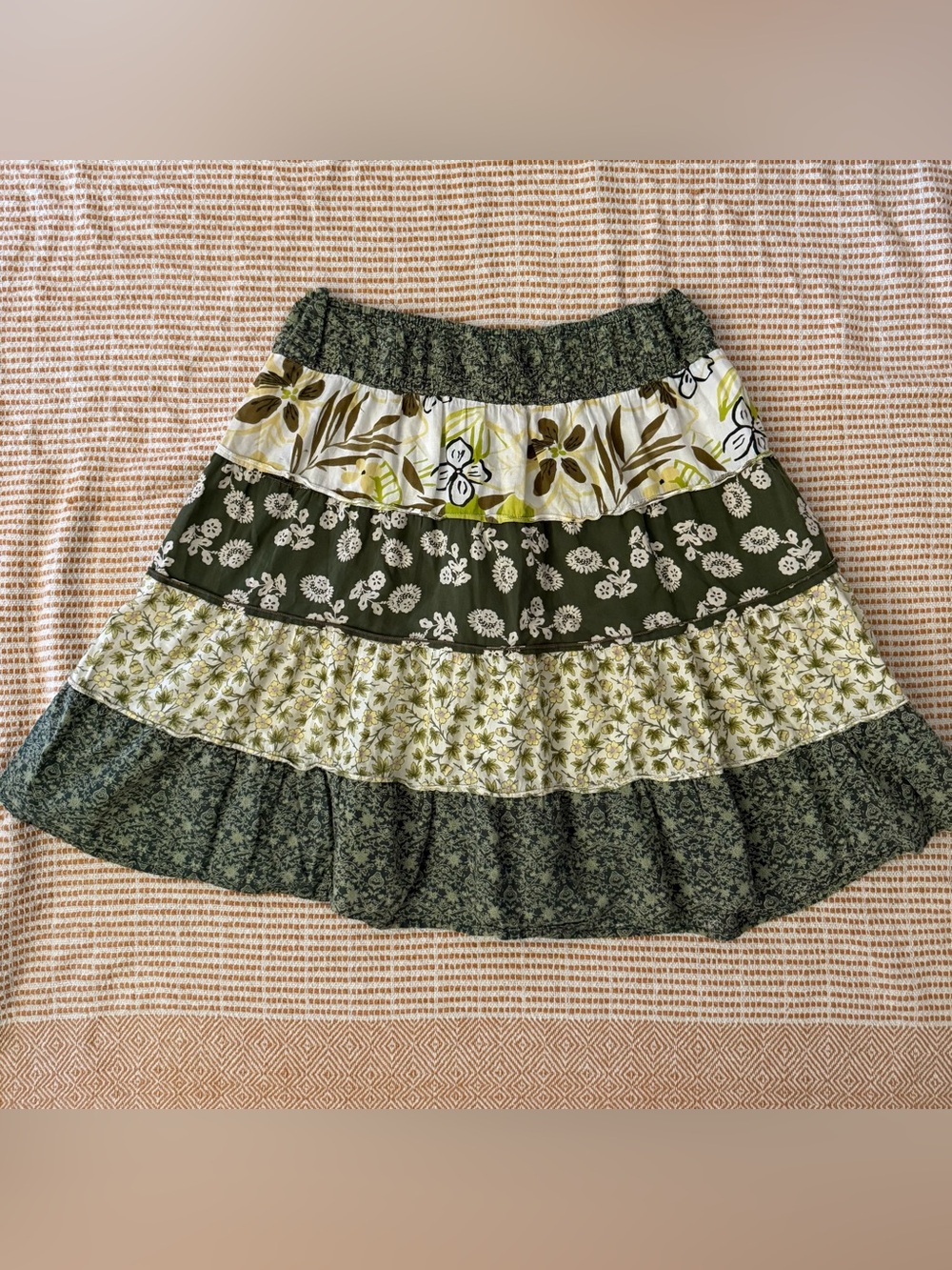 Vintage Claudia Richard Olive Green Tiered Floral Skirt 100% Cotton